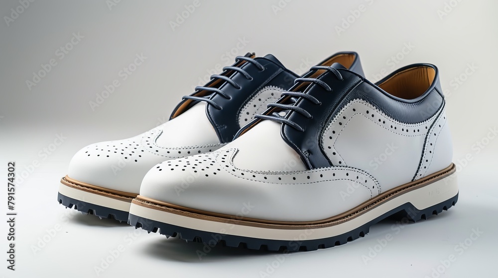 White and navy leather golf shoes It is placed on a plain white background. Ultra-realistic natural light White and navy leather golf shoes It is placed on a plain white background. Ultra-realistic natural light