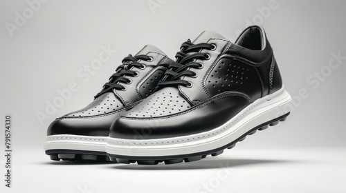 White and black leather golf shoes It is placed on a plain white background. Ultra-realistic natural light