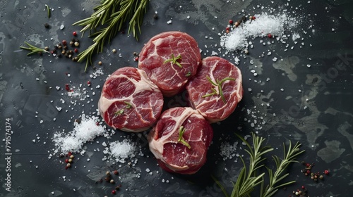 Three beef steaks with rosemary and salt on black