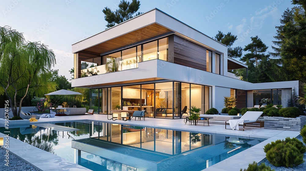 Exterior Of Luxurious Modern Villa With Swimming Pool And Garden