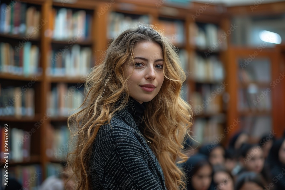 A young woman with beautiful curly hair smiling charmingly in a library environment, conveying warmth and approachability A young woman with beautiful curly hair smiling charmingly in a library environment, conveying warmth and approachability