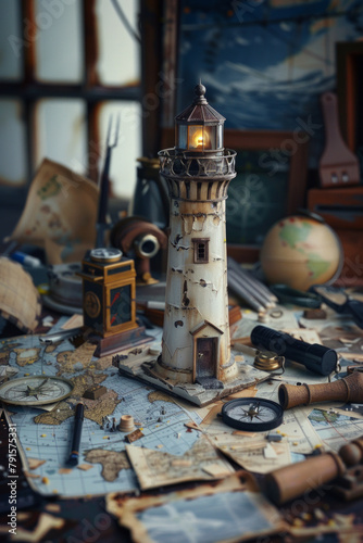 A cluttered workspace  a single sturdy lighthouse figurine stands tall and unwavering on a weathered wooden desk. Its beacon  a miniature LED light  casts a steady glow across the chaotic scene