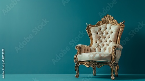 白い豪華な装飾の椅子と青い背景のスタジオ
