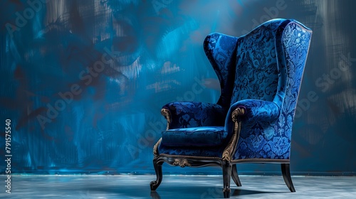 青い豪華な椅子が置かれたスタジオ
