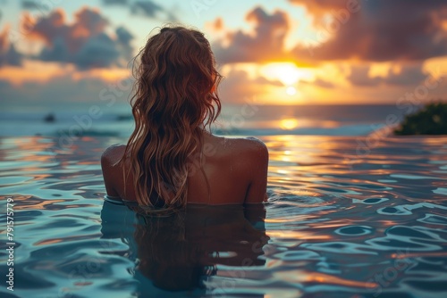 A woman's undisturbed moment, as she takes in the ocean sunset from the tranquility of a calm pool photo