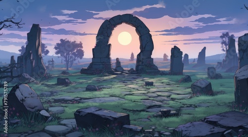 Ancient stone circle with mystical symbols at sunset