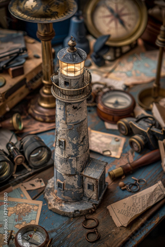 A cluttered workspace, a single sturdy lighthouse figurine stands tall and unwavering on a weathered wooden desk. Its beacon, a miniature LED light, casts a steady glow across the chaotic scene