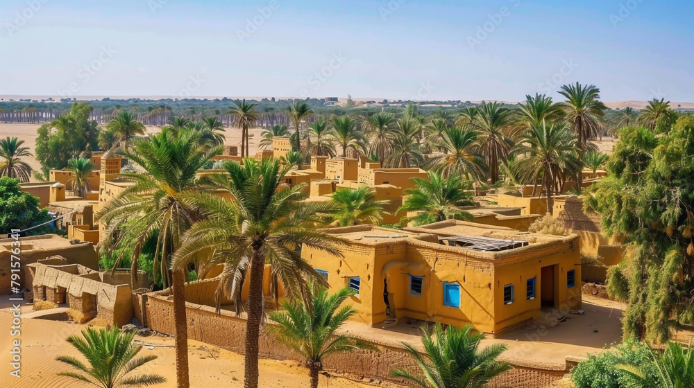 A desert oasis featuring mud-brick dwellings and palm groves for shade. A desert oasis featuring mud-brick dwellings and palm groves for shade.