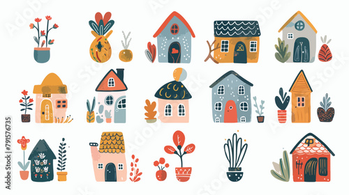 Cute hand drawn small tiny houses with gardening flow