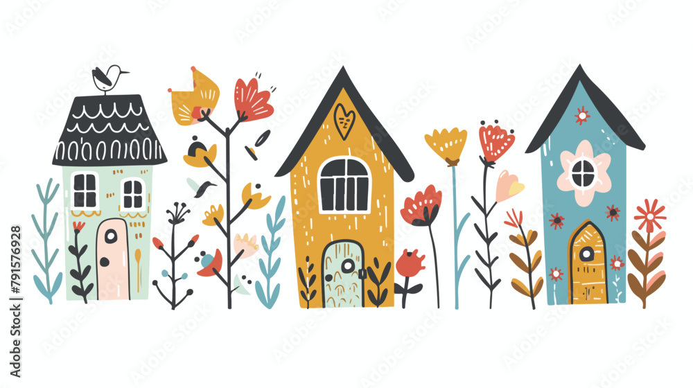 Cute houses with flowers. Little cabin illustration.
