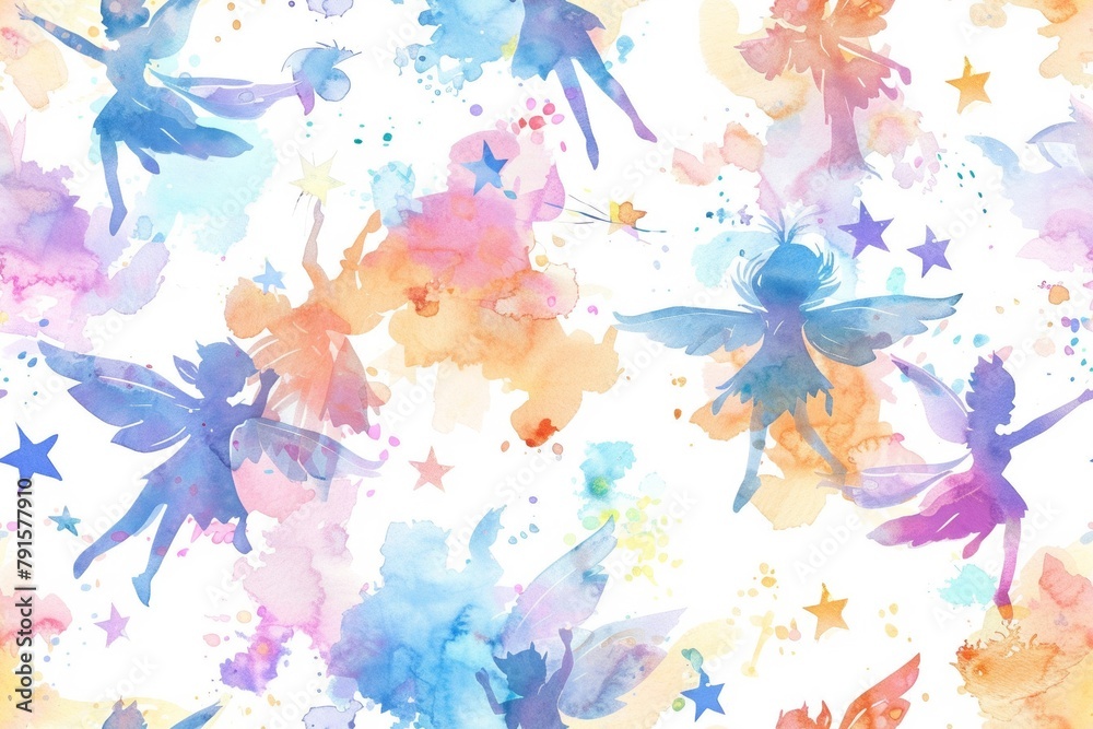 Seamless pattern of watercolor fairies and butterflies in pastel shades.
