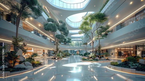 Big inner space, shopping mall, modern style architecture, glass atrium, botanical garden. Generative AI.