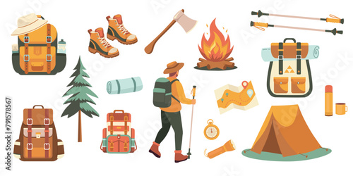 Camping, hiking items set. Summer travel and picnic stuff. Tourism and adventure accessories.