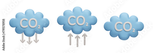 CO2 emission reduction 3D icon set. Blue cartoon style 3D clouds with CO2 label, emission and reduction arrow symbols. Zero carbon footprint, stop global warming, climate change, air pollution concept