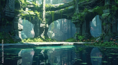 Serene woodland reflection pond under a jade canopy