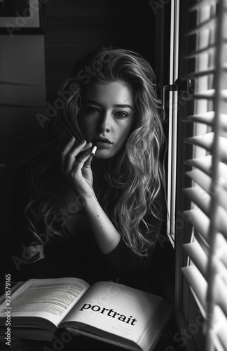 girl reading a bookBlack and white photograph of a woman smoking and the text 'Portrait'.Minimal creative art and educational concept. photo