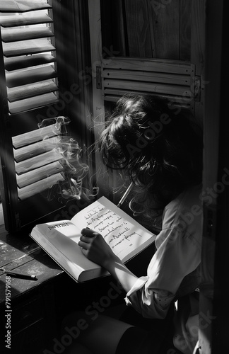 girl reading a bookBlack and white photograph of a woman smoking and the text 'Portrait'.Minimal creative art and educational concept. photo