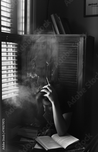 girl reading a bookBlack and white photograph of a woman smoking and the text 'Portrait'.Minimal creative art and educational concept. photo