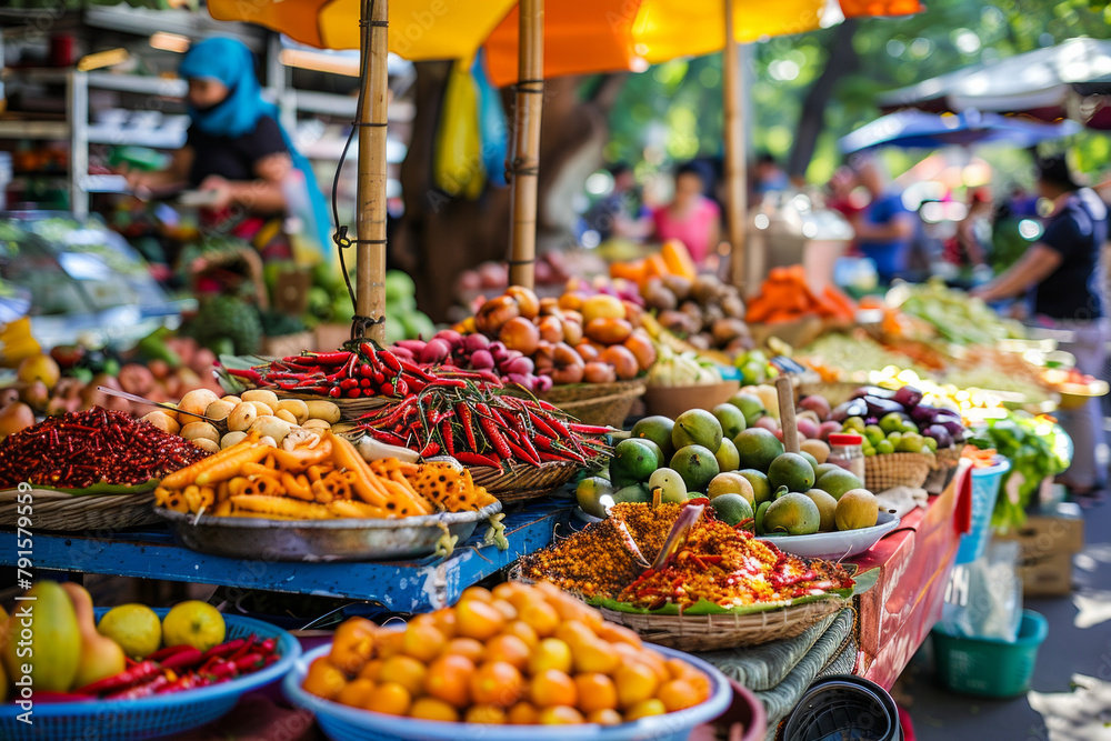 A vibrant outdoor market overflowing with fresh produce, exotic spices, and delectable treats. 