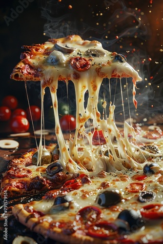 Une part de pizza italienne au fromage, entourée d'ingrédients volants comme des tomates, des olives, des champignons, des tranches de tomates cerises, lumière dorée, profondeur de champ.