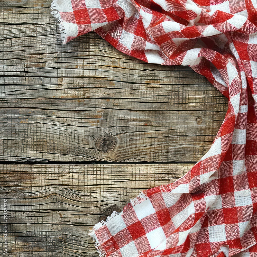 Obraz premium Nappe à carreaux rouges et blancs sur un fond rustique en bois, vue de dessus, concept de pique-nique vintage, image avec espace pour texte.