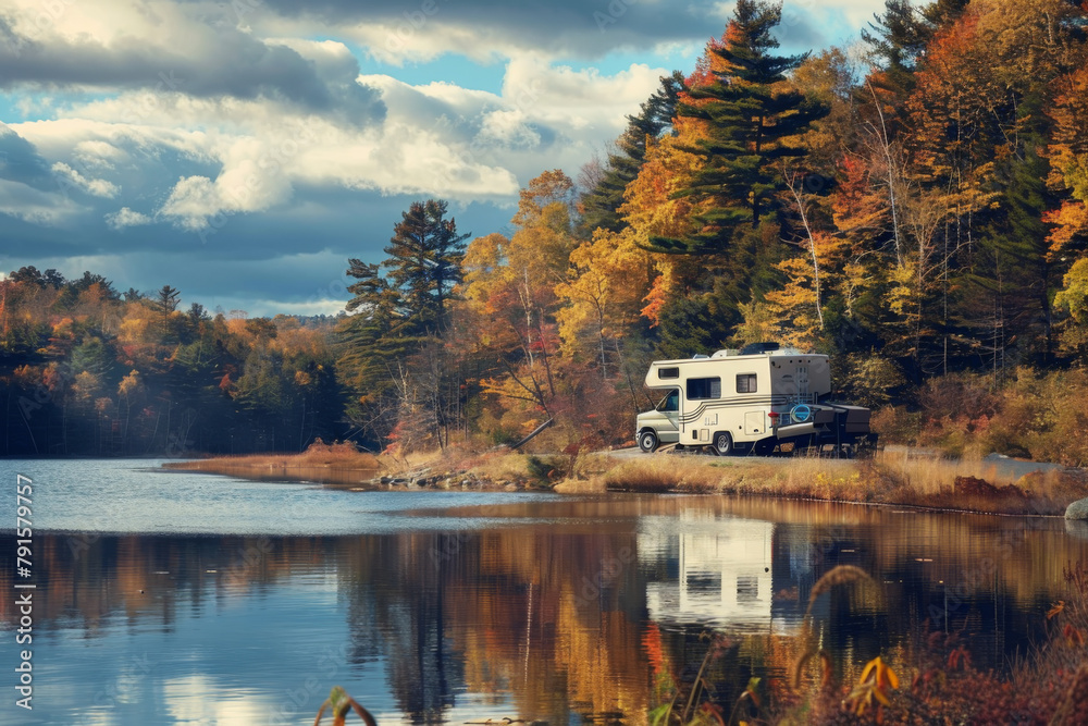 Fototapeta premium Scenic RV motorhome roadtrip Adventure in Majestic Mountain Landscape