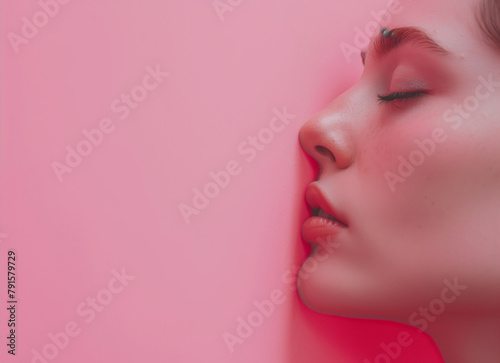 Close up of woman's  face from profile . Minimal creative cosmetical concept. Advertise for make up industry and cosmetic saloons. Trendy social mockup or wallpaper with copy space. photo