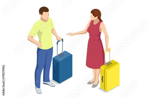 Isometric Tourist Travel Abroad in Free Time Rest Getaway Air Flight Trip Journey Concept. Couple Being Ready to go for their Holidays with Colorful Suitcases isolated on background