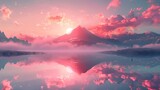 Pink sky and clouds with a mountain in the middle