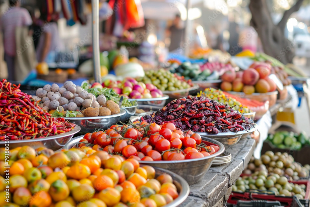 A vibrant outdoor market overflowing with fresh produce, exotic spices, and delectable treats. 