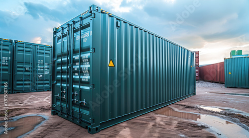 A brand new shiny 40 feet container standing on concrete floor with dark military blue green skins. Generative AI.