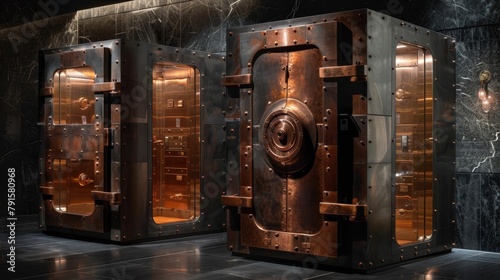 ornate steampunk vault door with glowing green light