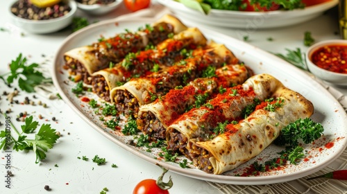 Tantuni with Sauteed Vegan Beef, Showcased in a Sunlit White Kitche