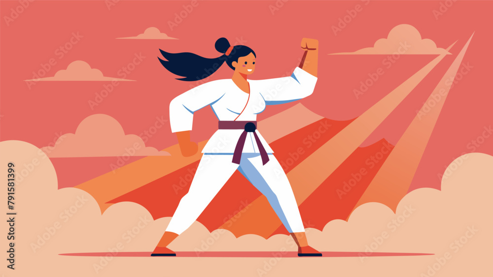 A woman holds her head high and walks with confidence after overcoming adversity and struggles through her martial arts training proving that