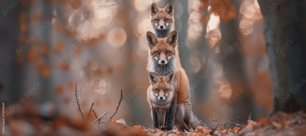 Obraz premium A fox with its cub on top in the forest, front view, bokeh background.