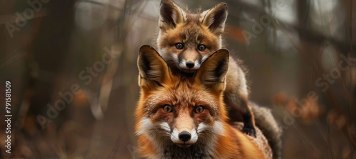 A fox with its cub on top in the forest, front view, bokeh background. photo