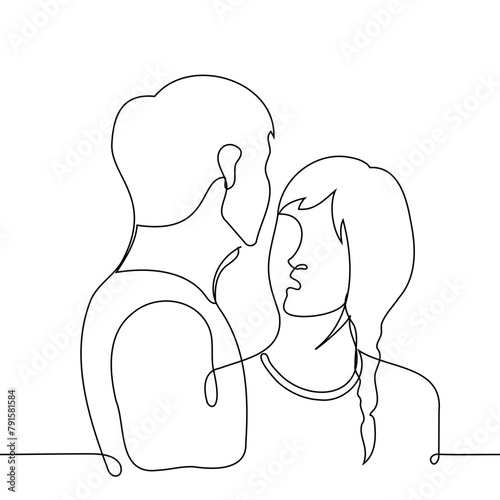 woman looks hypnotized into the face of a man who is taller than her - one line art vector. concept woman in love, heed someone else's word, height difference