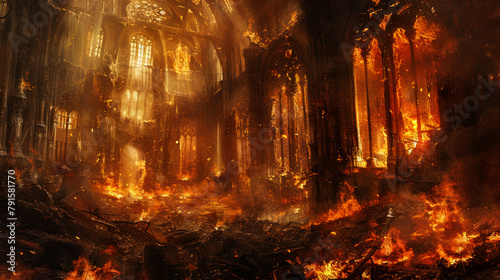 Interior of burning church  hellish nightmare scene