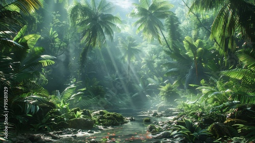 lush green jungle with a river running through it and sunlight shining through the trees
