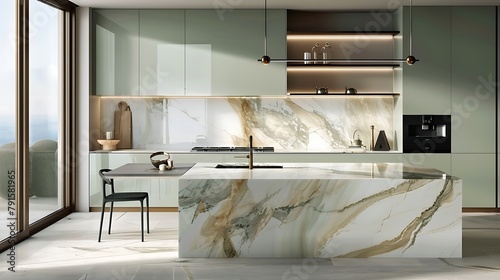 Luxury marble dining table sage green kitchen counter with white countertop cooktop cupboard and white marble splashback for product display modern interior
