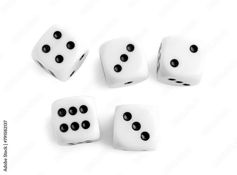 Many dices isolated on white, top view. Game cubes Many dices isolated on white, top view. Game cubes