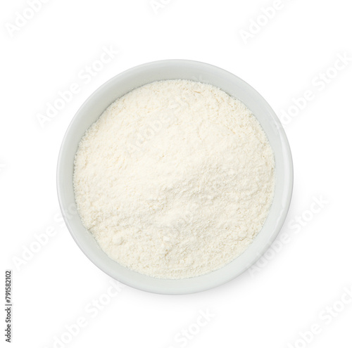 Baking powder in bowl isolated on white, top view