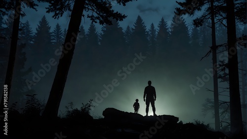 silhouette of a father and son in the forest, their silhouettes blending into the dark, father passing down the legacy, happy fathers day