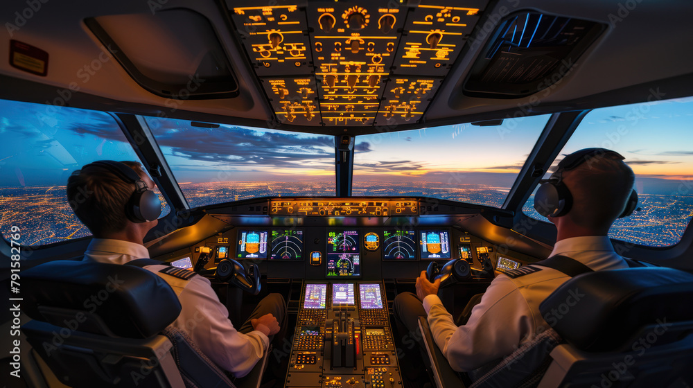 Flight crew of a commercial airliner, sunset - obrazy, fototapety, plakaty 