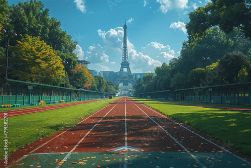 Tartan runway with the eiffel tower in the background, Paris olympic games, vector, vectorial  photo