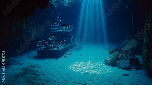 A sunken ship is in a dark cave with a bright light shining on it