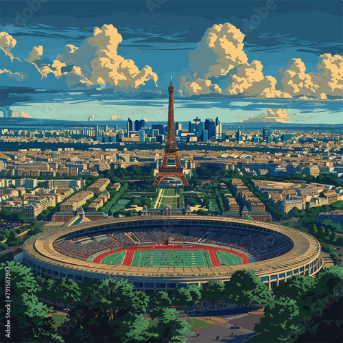 Olympic stadium at France with Eiffel tower in the background in vectorial, Paris olympic games, vector, vectorial 