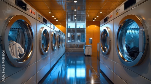 4 wet cleaning machines with clothes inside them, in a modern hi-tech busy dry cleaning business. Generative AI. © visoot