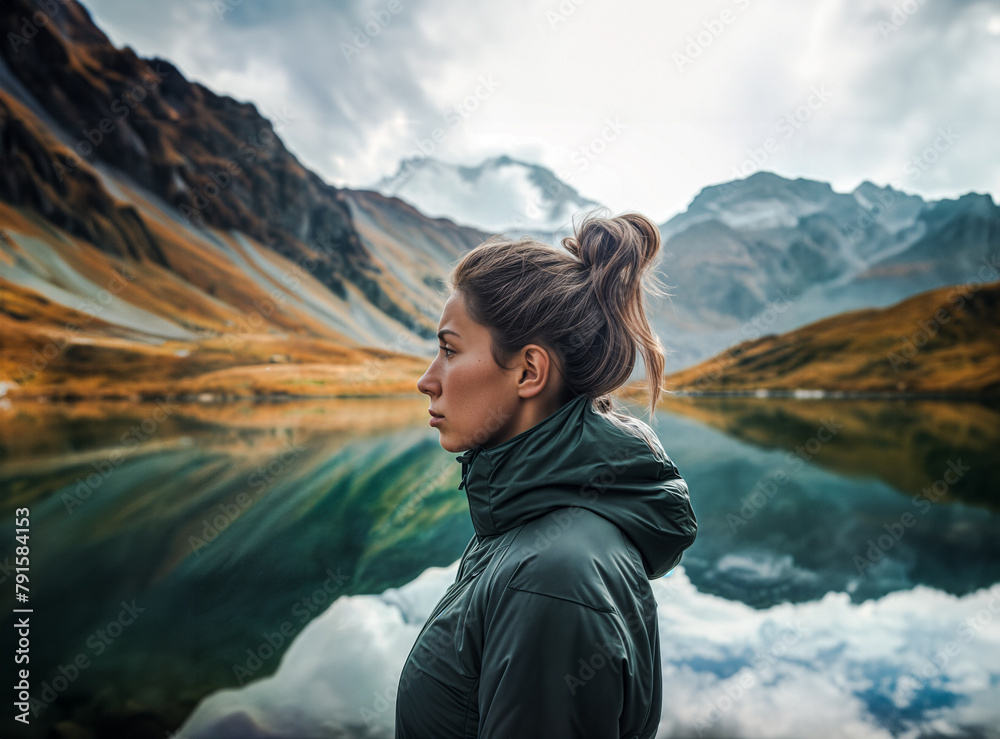 Woman standing in the mountains beside a calm lake Woman standing in the mountains beside a calm lake