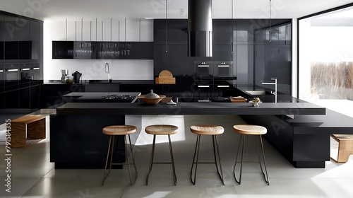 Modern black kitchen on one wall with dark long island with stools